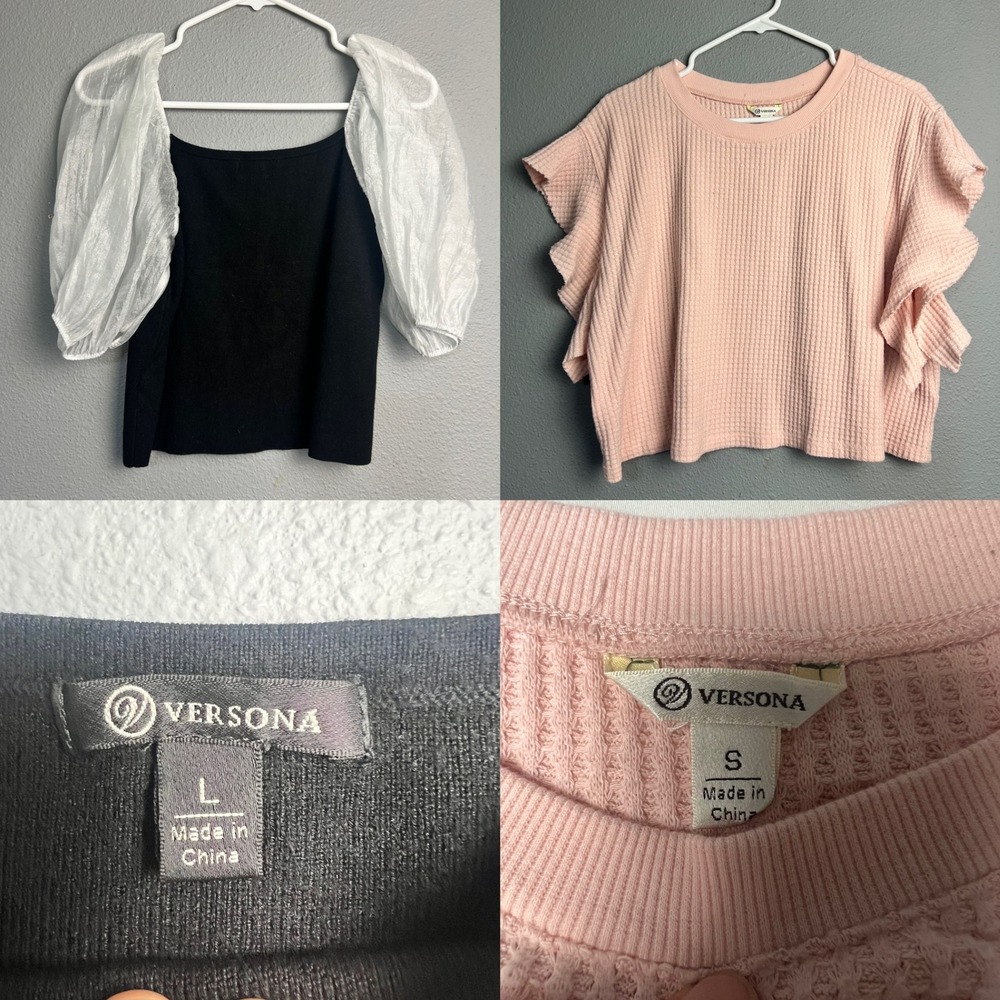 Lot of‎ 2 VERSONA Puff Sleeve Top Blouse Black White Pink Ruffle Sleeve Size S L